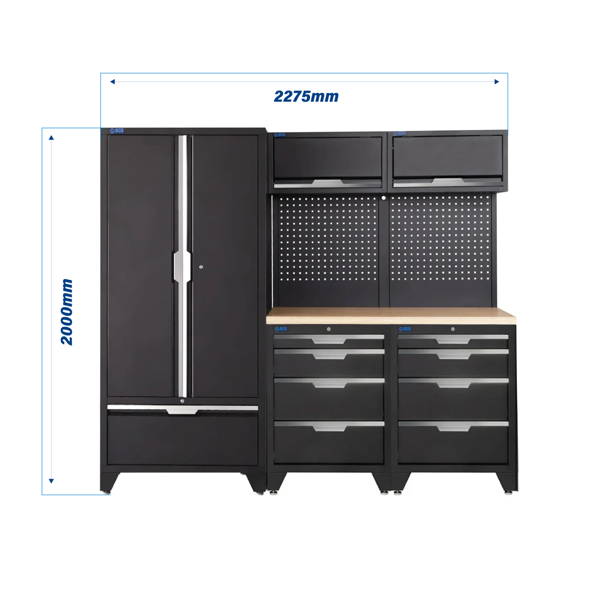 SGS 7pc Modular Garage Storage | 8 Drawers | Plywood Worktop | 2x Upper Cabinets | Tall Double Cabinet with Drawer